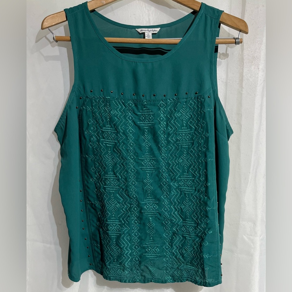 Preloved-American Eagle Outfitters, Green Embellished Beaded Tank, Boho Style.